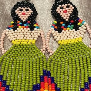 Beaded Mexican Lady Earrings 3 3/4” long 1 1/4” wide fringe French hooks
